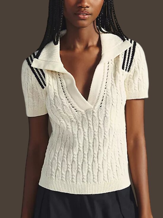 Anthropologie Sweaters - Anthropologie Maeve Cable-Knit Polo Sweater Tee White Medium